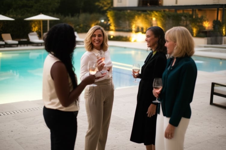 Corporate retreat team members networking by luxury resort pool at Dallas venue