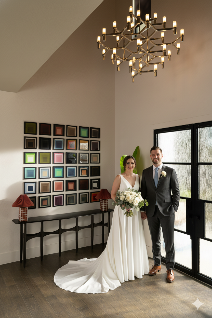 A bride and groom stand inside a modern room with a high ceiling and a chandelier, holding hands and smiling. The bride wears a white wedding gown and holds a bouquet, while the groom is dressed in a gray suit and tie. Behind them is a large window w